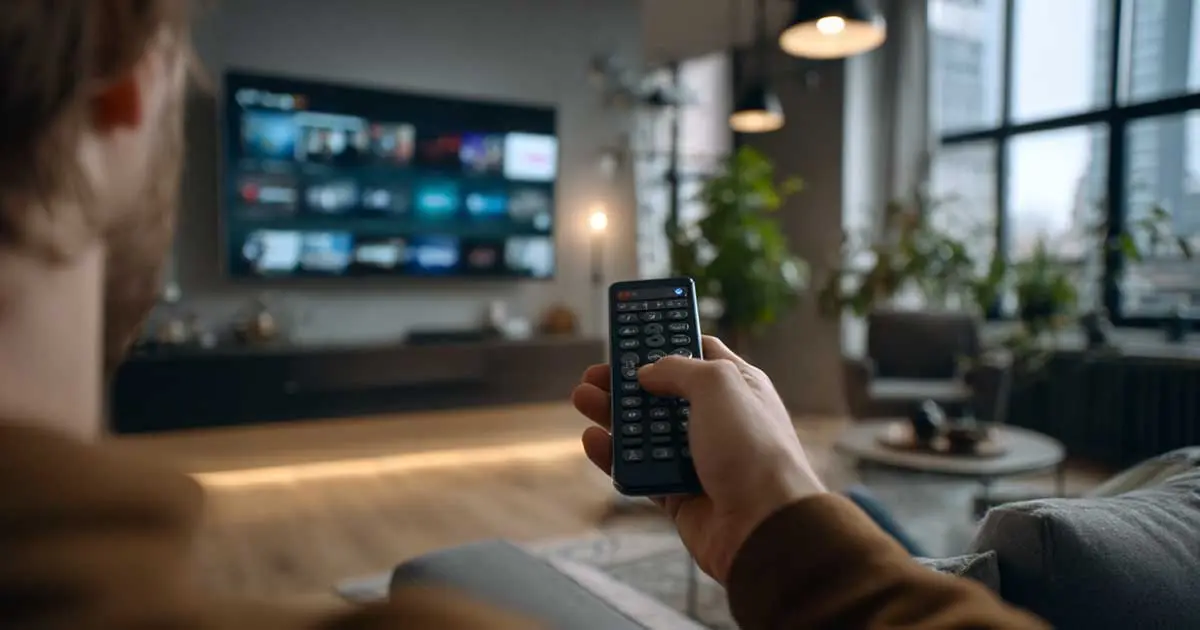 Ein Amazon Fire TV Stick steckt in einem Fernseher, auf dem Bildschirm eine IPTV-Player-App