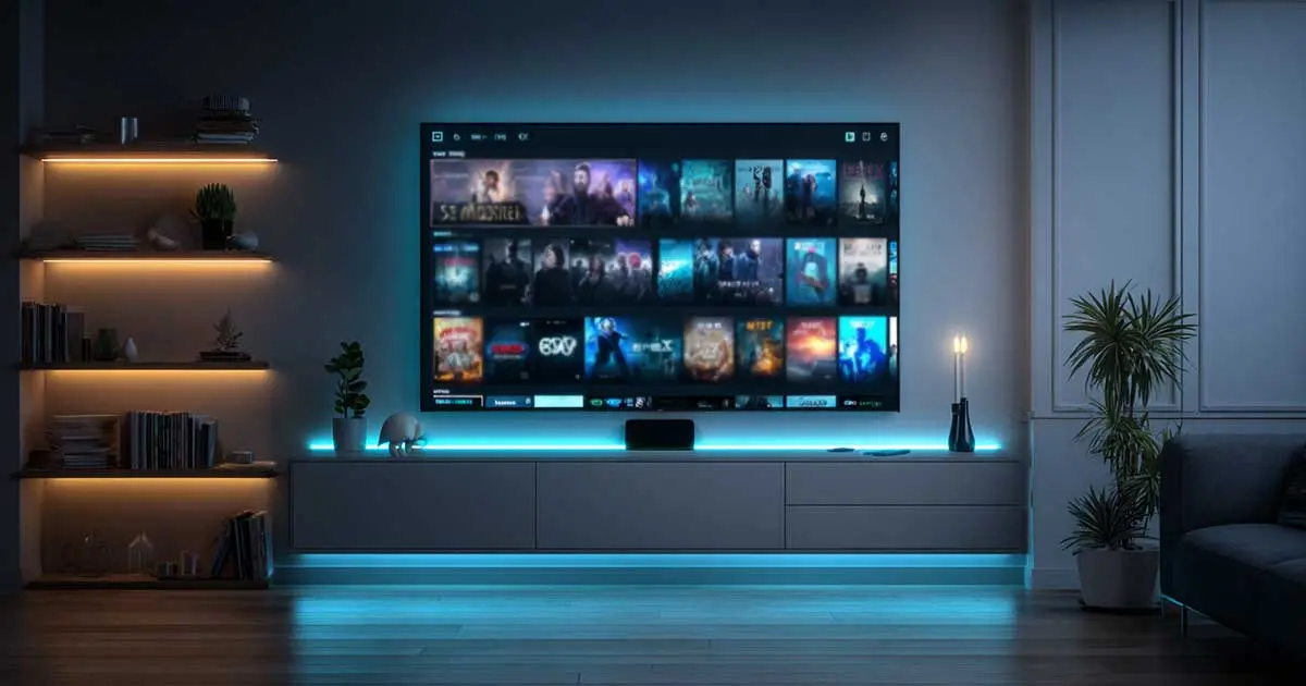Ein an der Wand montierter Smart TV zeigt das Senderraster einer IPTV-App im Wohnzimmer