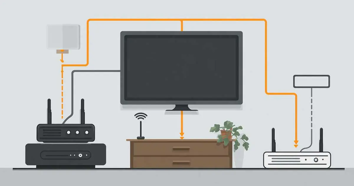 Ein geteiltes Bild vergleicht eine Kabel-TV-Box mit Kabeln und eine Streaming-App auf einem TV