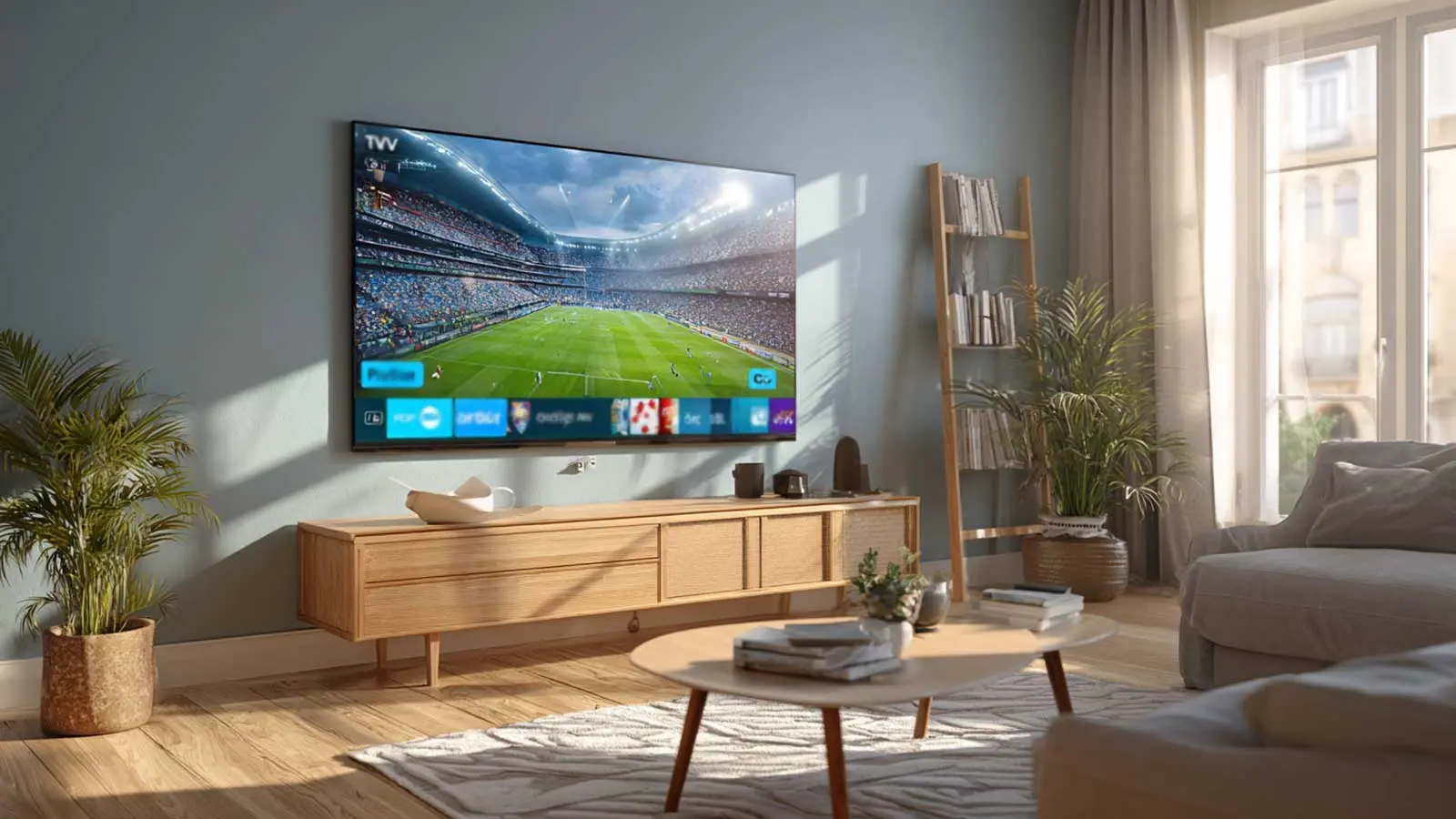 Wohnzimmer mit großem Bildschirm, auf dem Live-Sport in hoher Auflösung läuft
